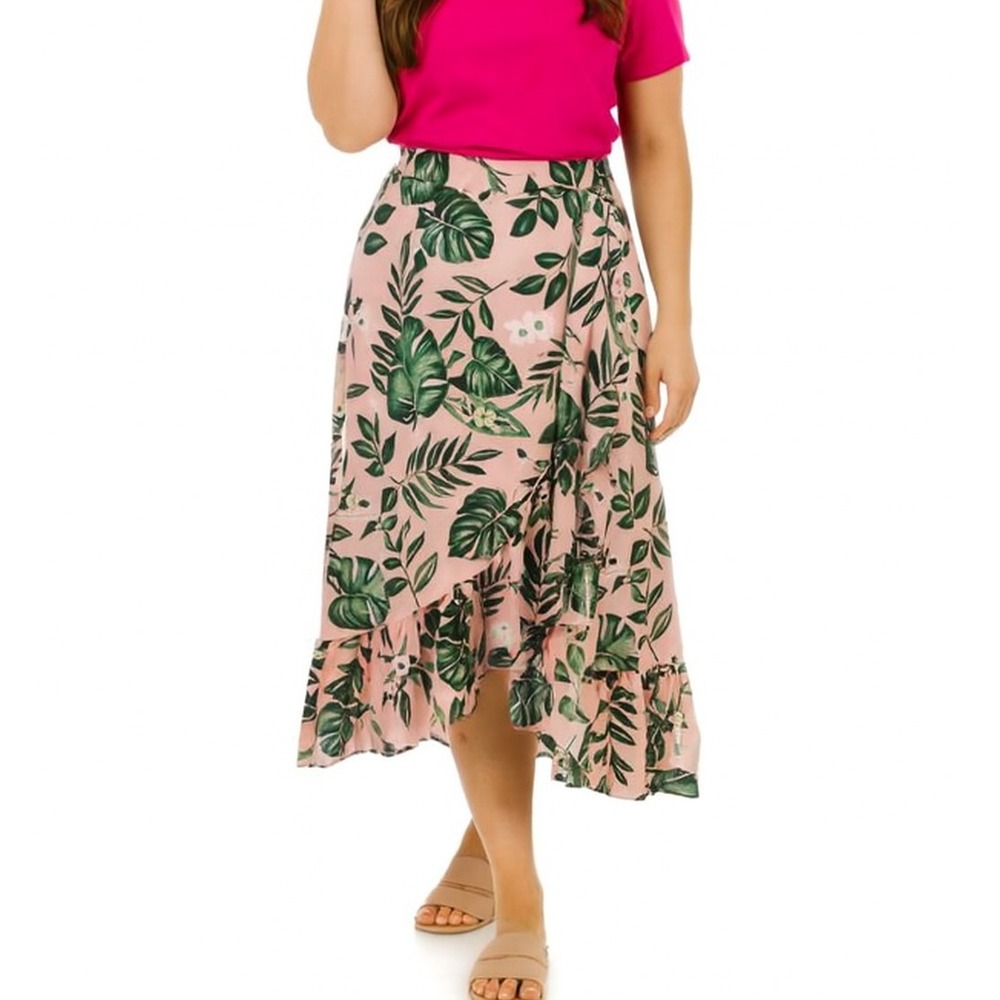 Lulus Womens Skirt Small Tropical Print Maxi Ruffle Hem High Waist‎ Pink Green